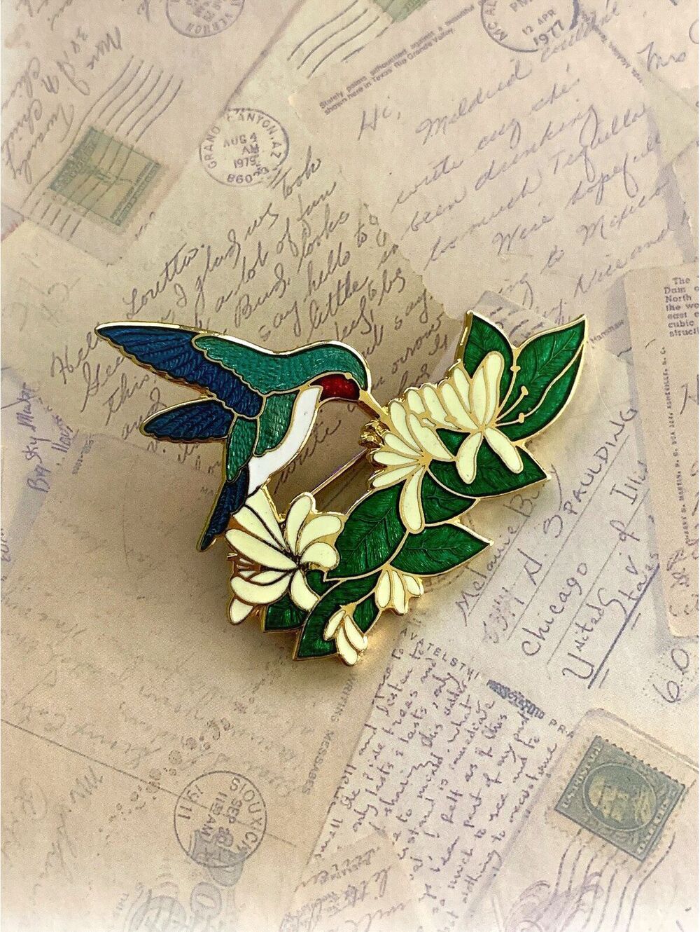 Vintage Cloisonné Enamel Blue Hummingbird & Honeysuckle Flower Brooch Pin